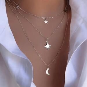 Elegant Layered Silver Tone Light Chain Set with Stars and Moon Charms